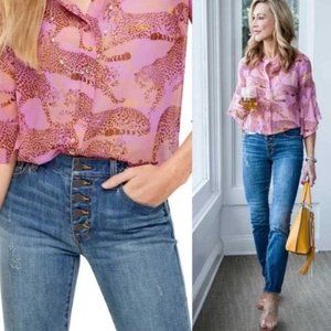 CAbi Pink and Gold Leopard-Print Blouse with Skinny Jeans